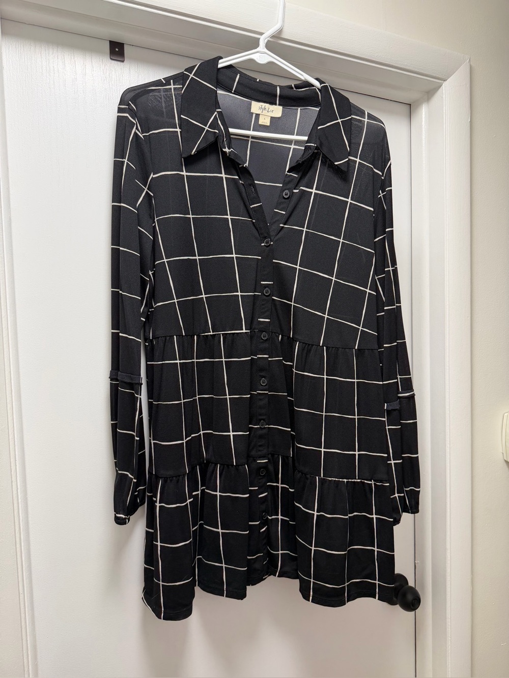 Style & Co. Black Grid Tiered Button-Down Shirt Dress